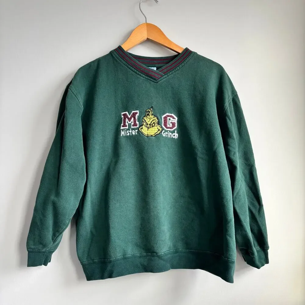 Vintage Dr. Seuss Brand Mister Grinch Embroidered Sweatshirt V Neck Size Unknown - Picture 2 of 7